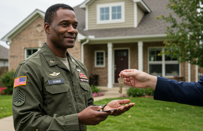 a man in uniform receiving a key to a new house standing in front of a house