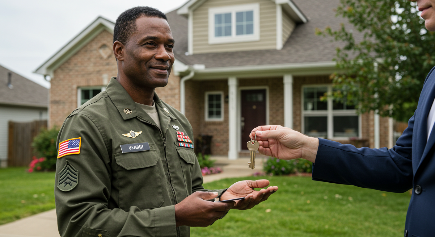 a man in uniform receiving a key to a new house standing in front of a house